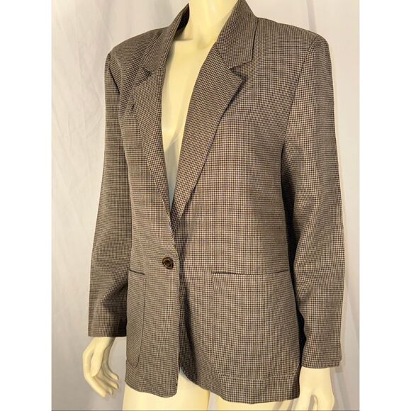 Vintage Alfred Dunner Houndstooth Blazer – Brown & Blue Check, Made in USA, Size - Picture 2 of 10